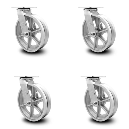 Service Caster 8 Inch V Groove Semi Steel Swivel Caster Set with Roller Bearing and Swivel Lock SCC-30CS820-VGR-BSL-4